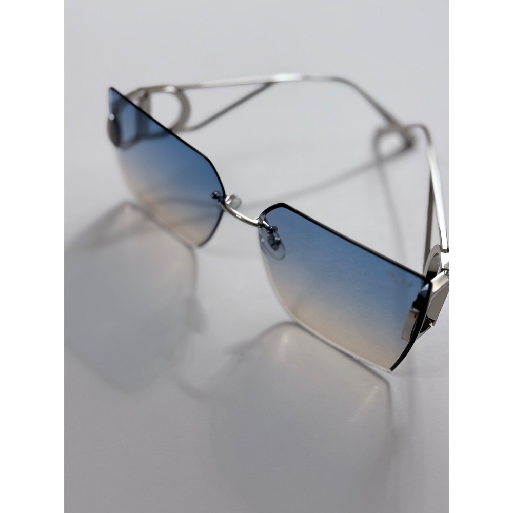 Dyani Rimless Gradient Sunglasses Silver Tone Blue Tan Rectangle Frames Case